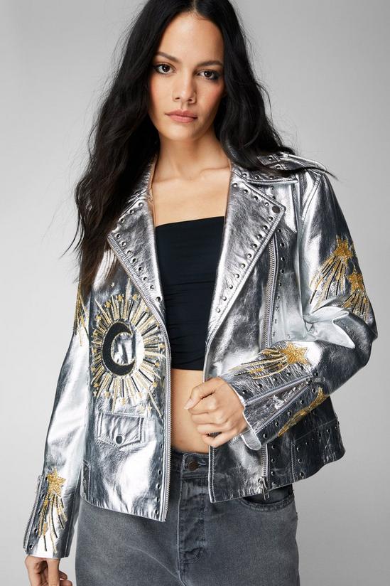 NastyGal Real Leather Star And Moon Embroidered Jacket 3