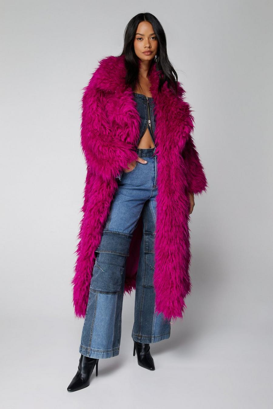 Raspberry Petite Premium Textured Fur Coat image number 1