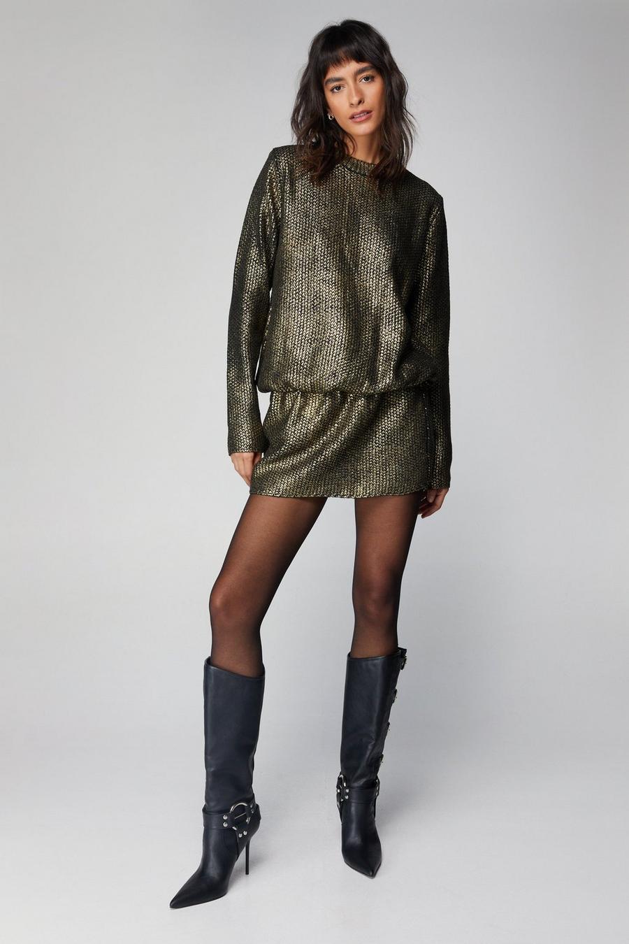 Gold Metallic Oversized Cinched In Knitted Dress