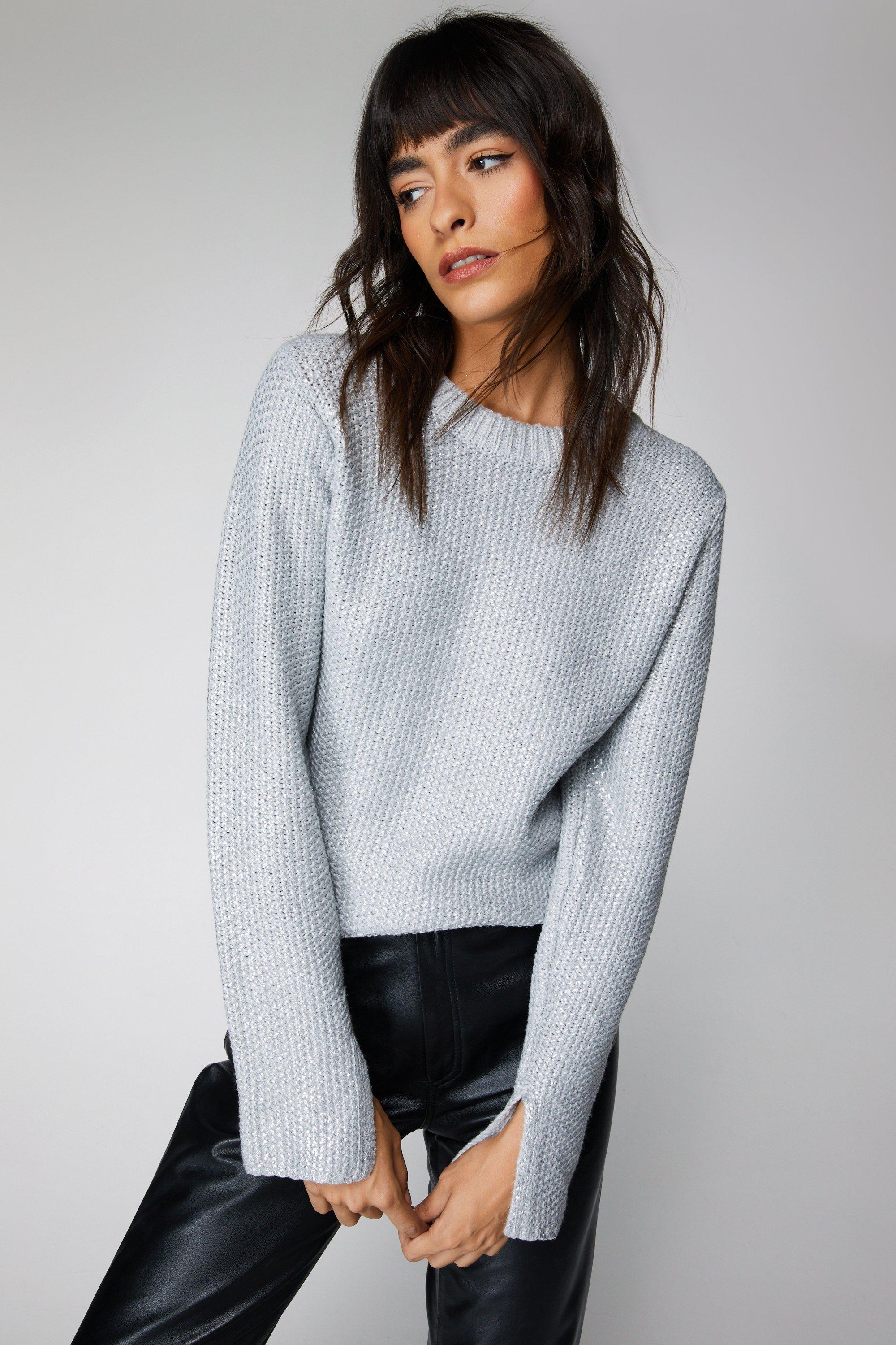 Metallic Split Sleeve Crew Neck Sweater