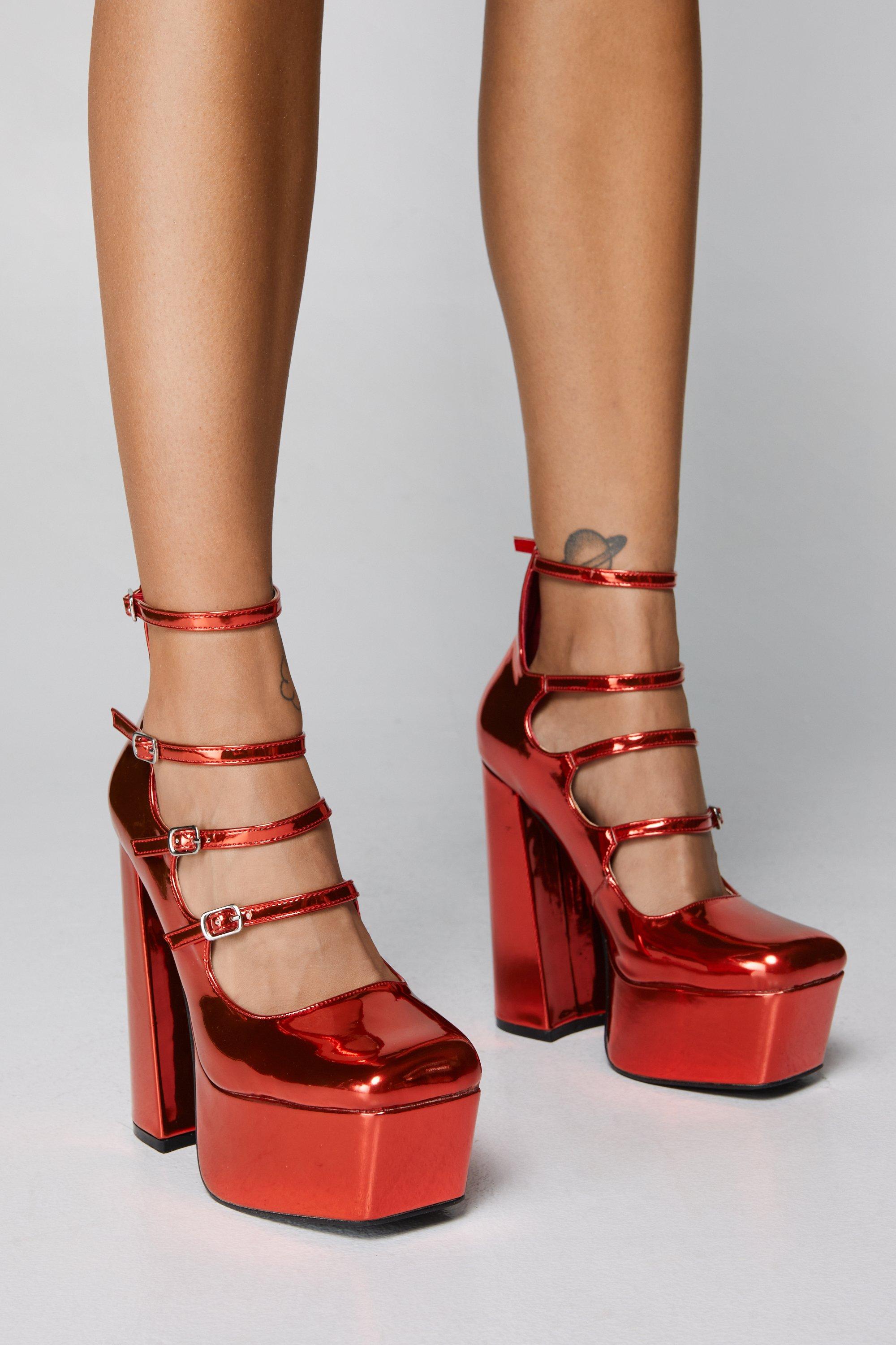 Red platform pumps with ankle sale strap