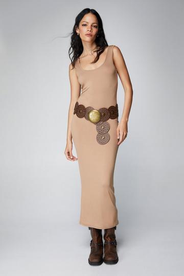 Camel Beige Jersey Scoop Neck Bodycon Maxi Dress