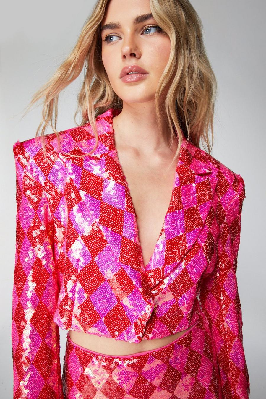 Pink Harlequin Diamond Sequin Cropped Blazer image number 1