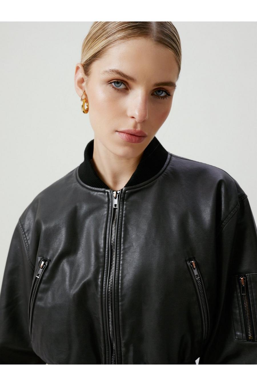 Women's Distressed Faux Leather Cropped Bomber Jacket | Boohoo UK