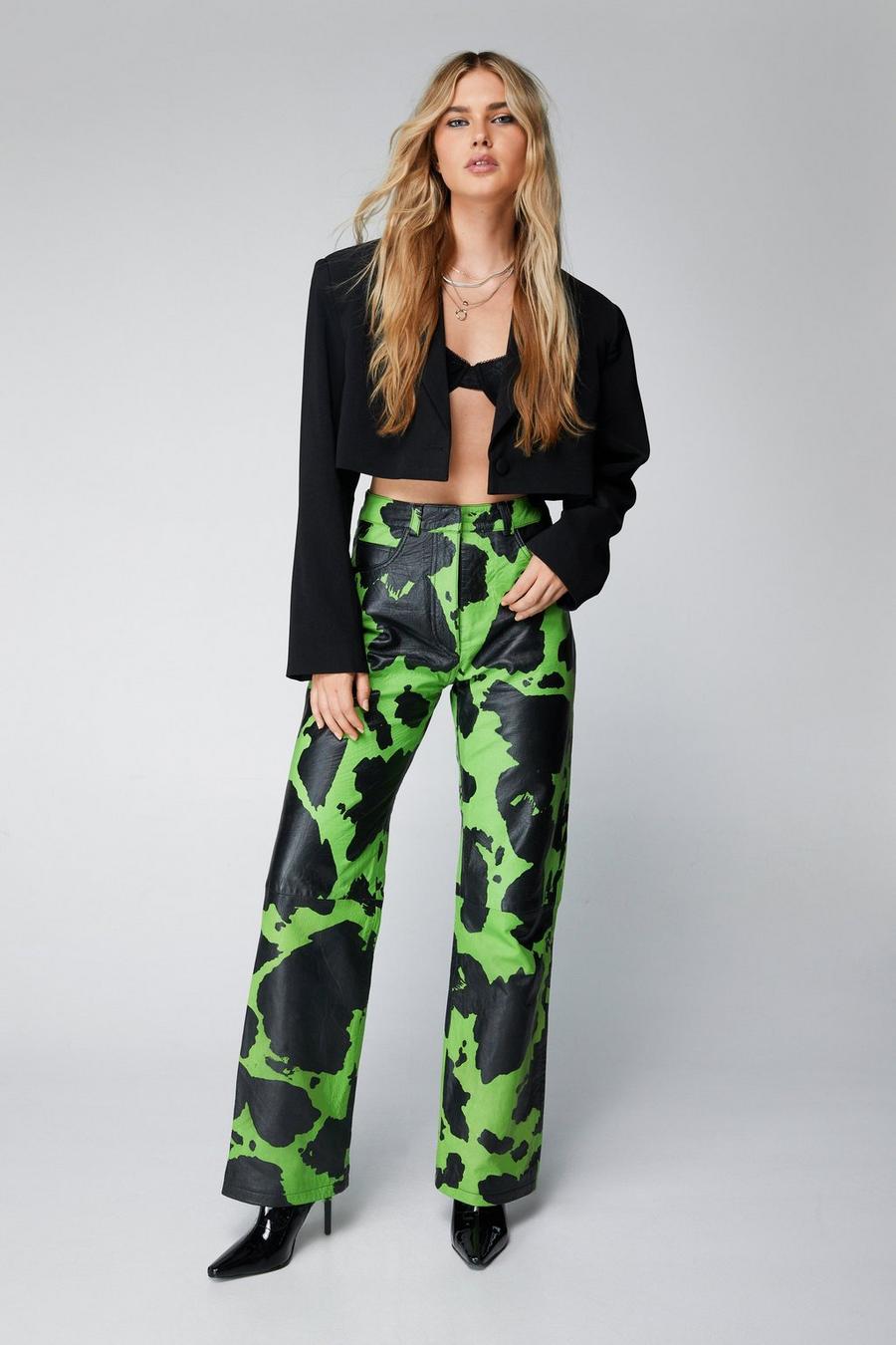 Lime Premium Real Leather Cow Print Pants