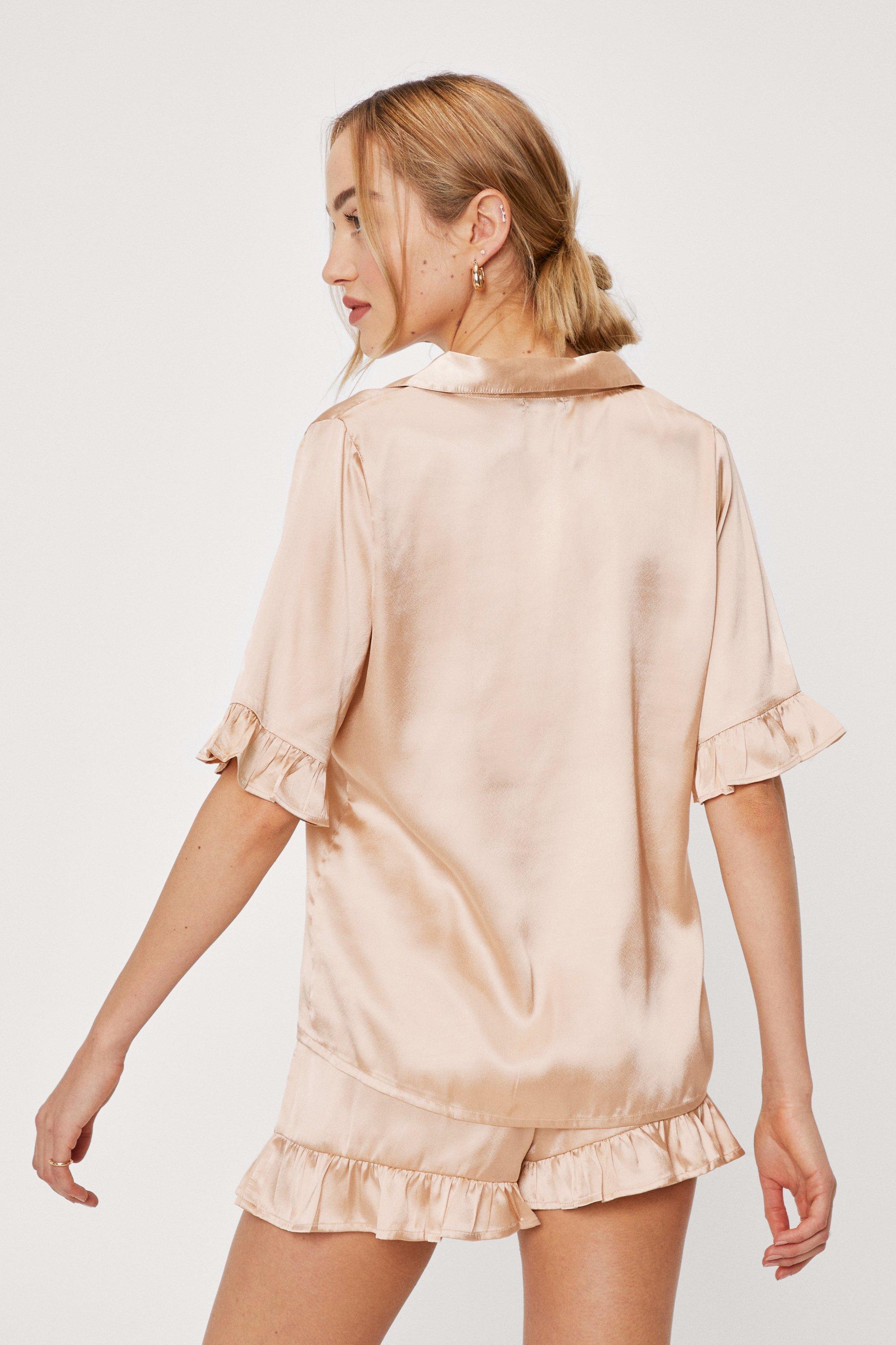 Satin Ruffle Pajama Shirt And Shorts Set