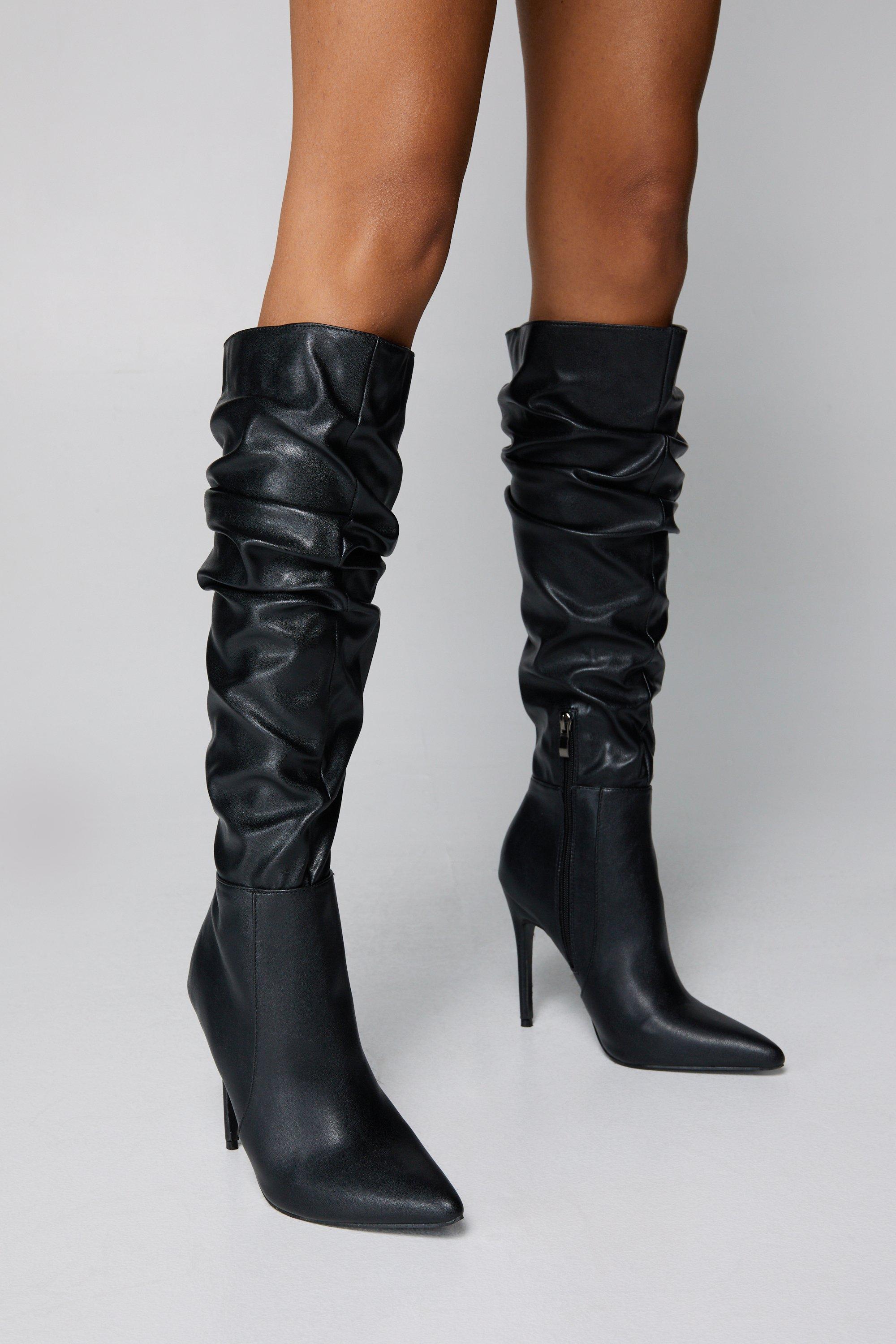 Faux Leather Ruched Knee High Boots Boohoo UK