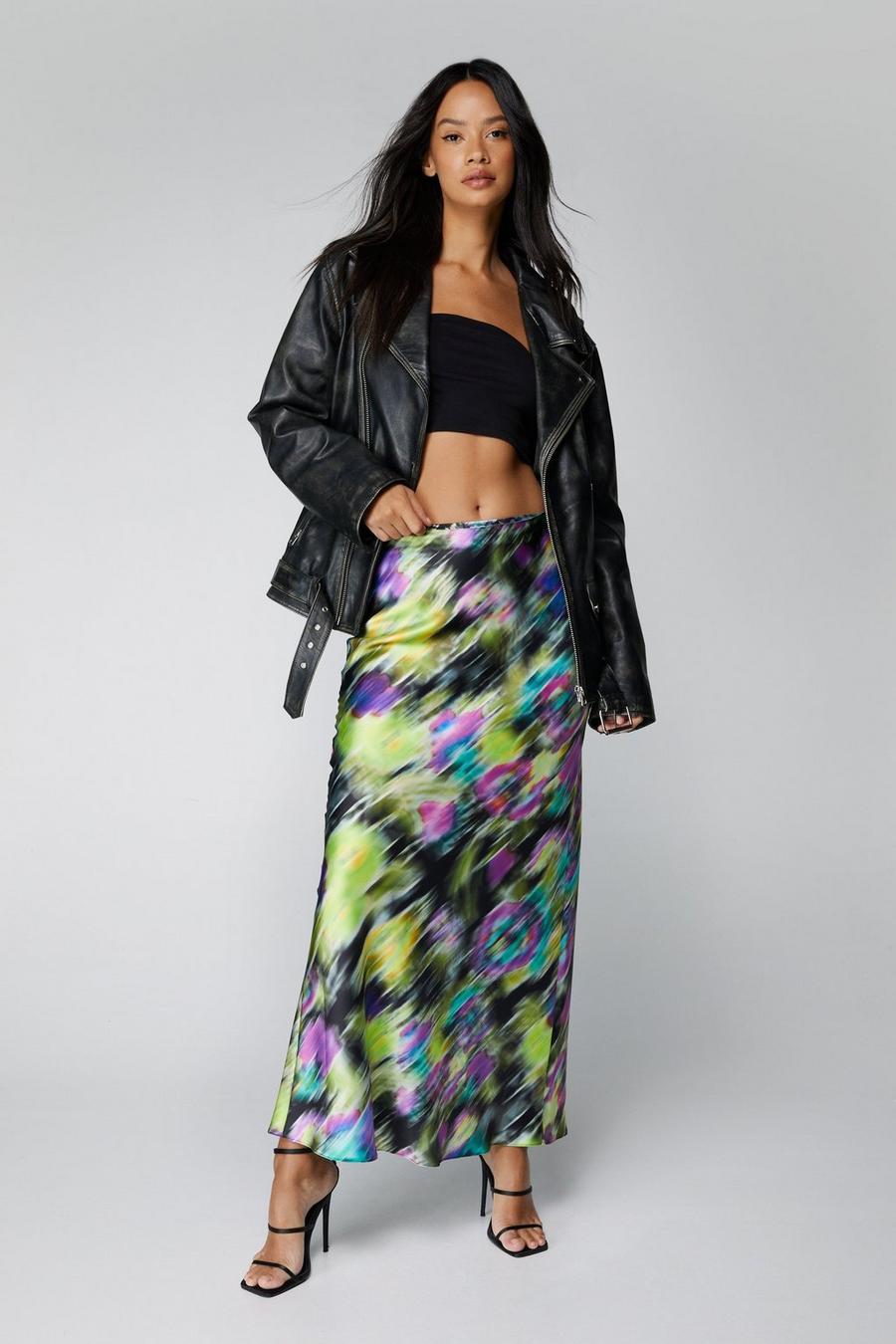 Black Blurred Floral Satin Maxi Skirt