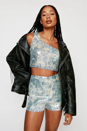 Snake Sequin One Shoulder Crop Top snake