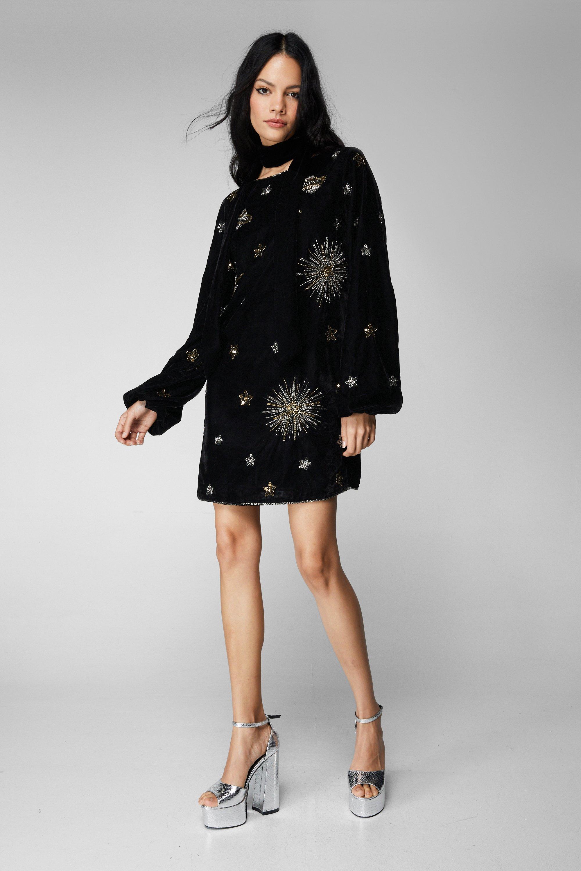 Women s Celestial Embellished Velvet Neck Tie Mini Dress Boohoo UK