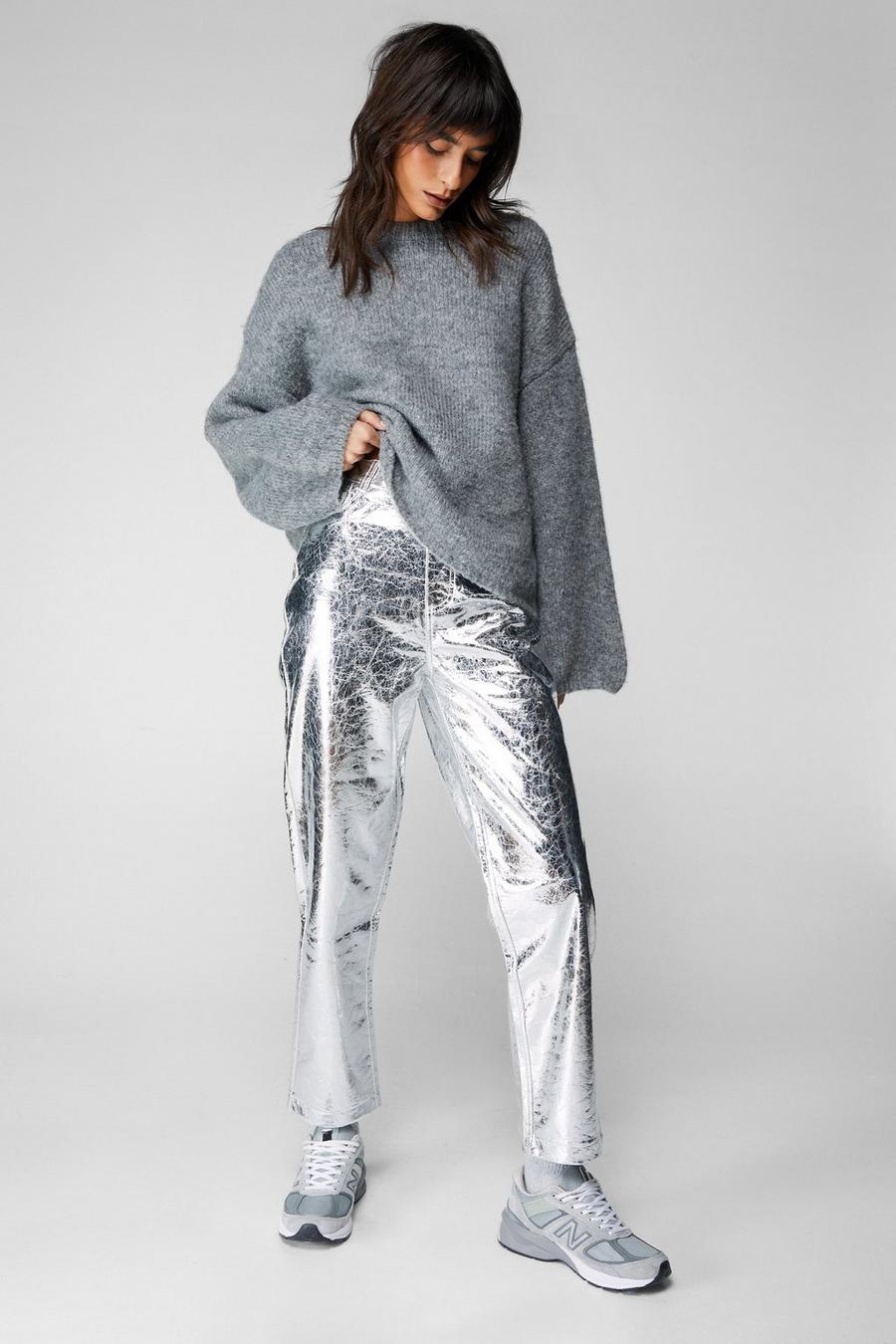 Silver Metallic Crackle Faux Leather Trousers