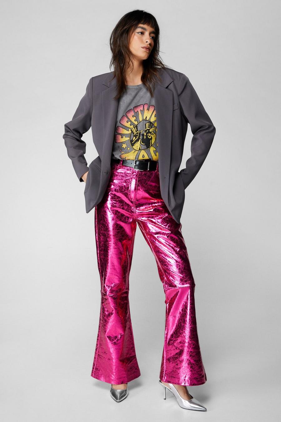 Hot pink Metallic Crackle Flare Trousers