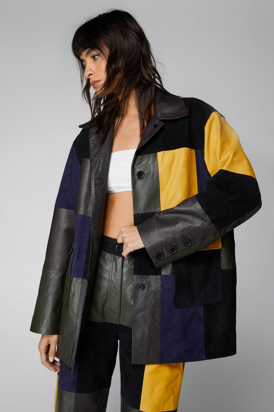 Multi Premium Real Leather And Suede Patchwork Jacket image number 1