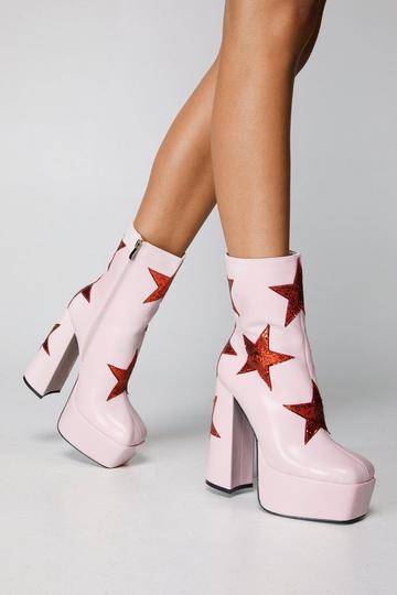 Faux Leather & Glitter Star Platform Ankle Boots pink
