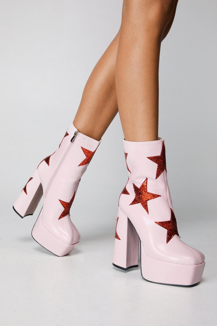 Pink Faux Leather & Glitter Star Platform Ankle Boots