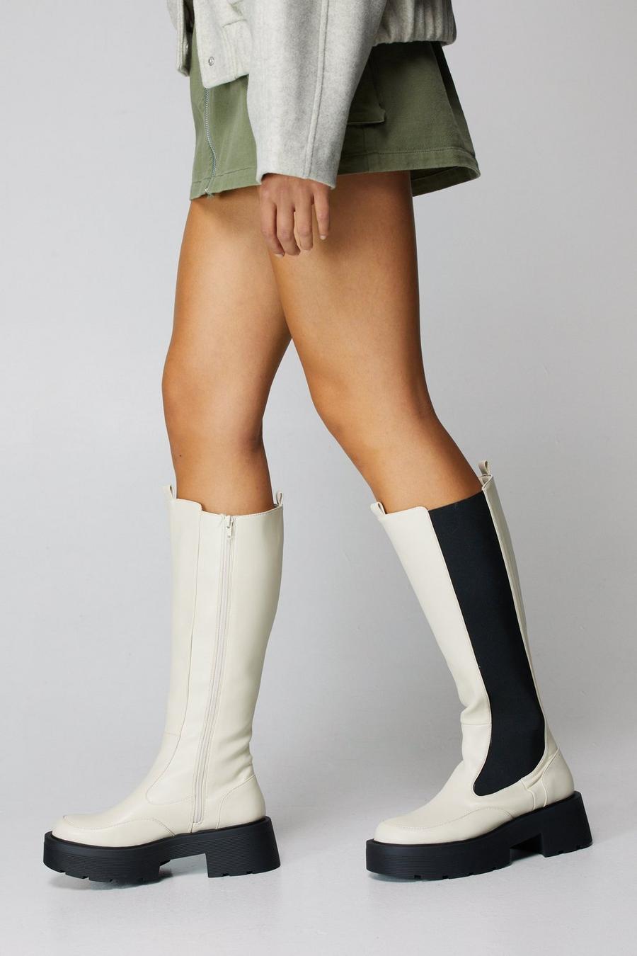Cream Faux Leather Knee High Chelsea Boots