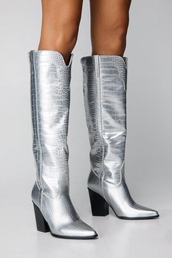 NastyGal Metallic Croc Knee High Cowboy Boots 3