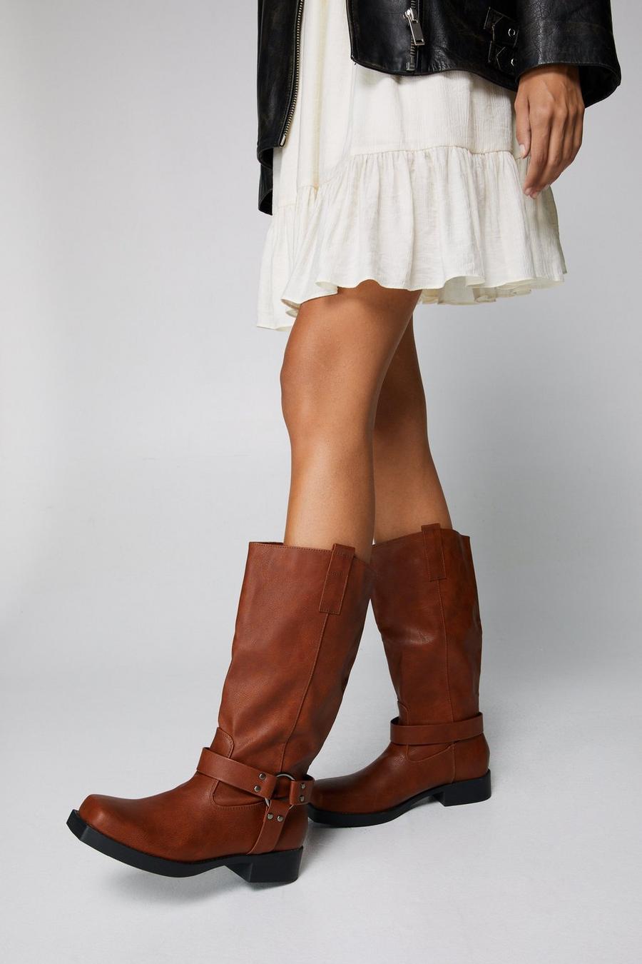 Tan Faux Leather Buckle Detail Square Toe Knee High Boots