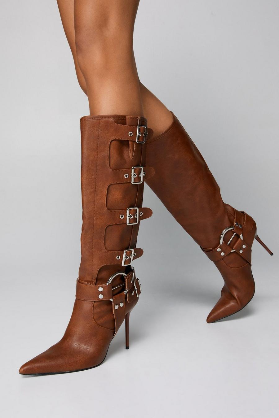 Tan Faux Leather Buckle Detail Pointed Toe Knee High Boots