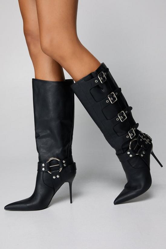 NastyGal Faux Leather Buckle Detail Pointed Toe Knee High Boots 1