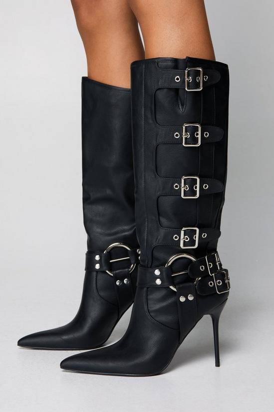 NastyGal Faux Leather Buckle Detail Pointed Toe Knee High Boots 3