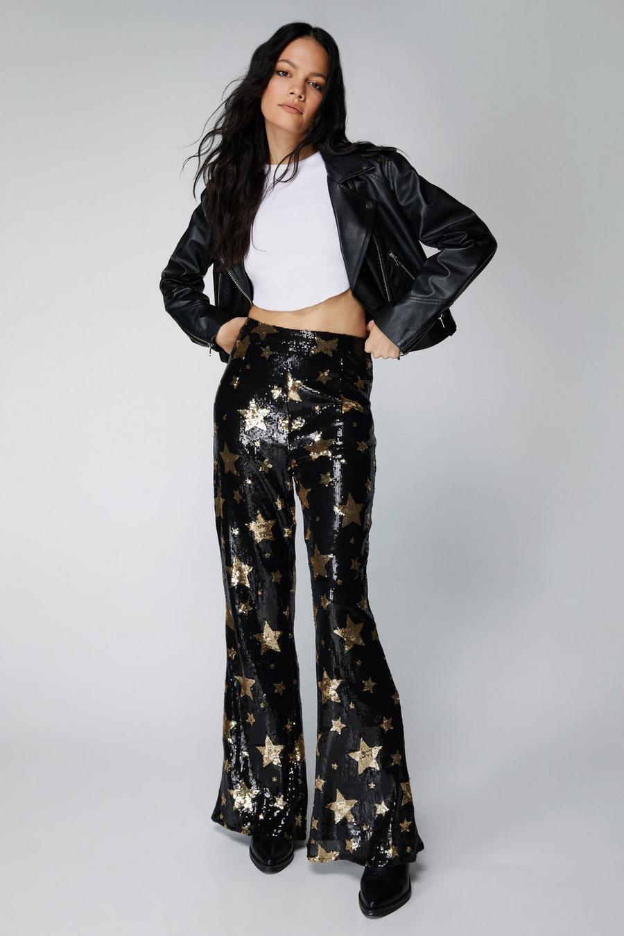 Black Star Sequin Flare Trousers