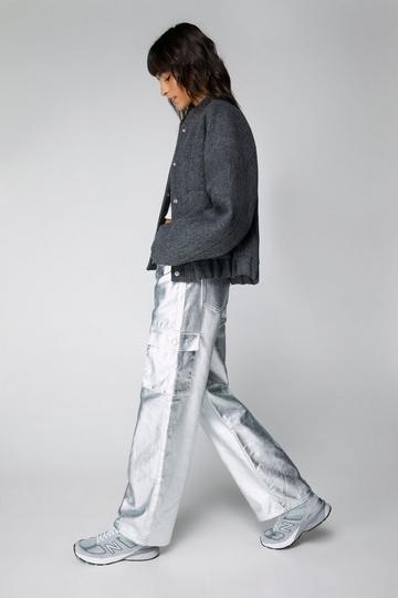 Metallic Coated Denim Cargo Jeans silver