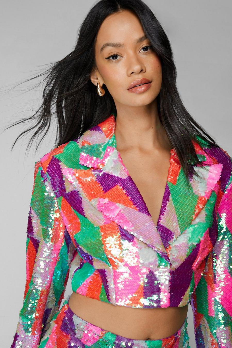 Multi Multicolor Patterned Sequin Cropped Blazer
