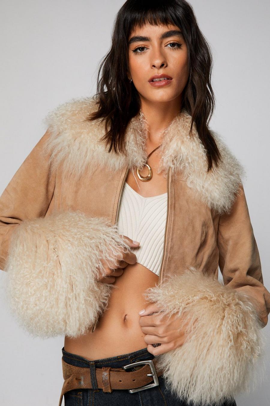 Neutral Premium Suede Shearling Cropped Afghan Jacket