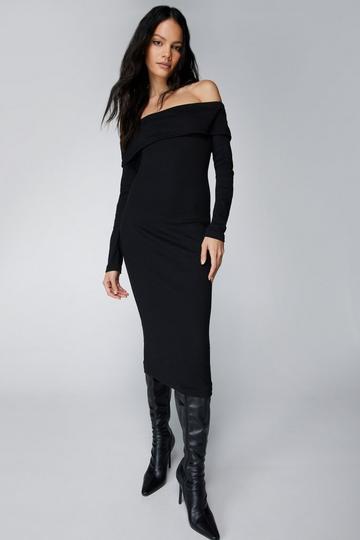 Black Ribbed Bardot Midi Dress