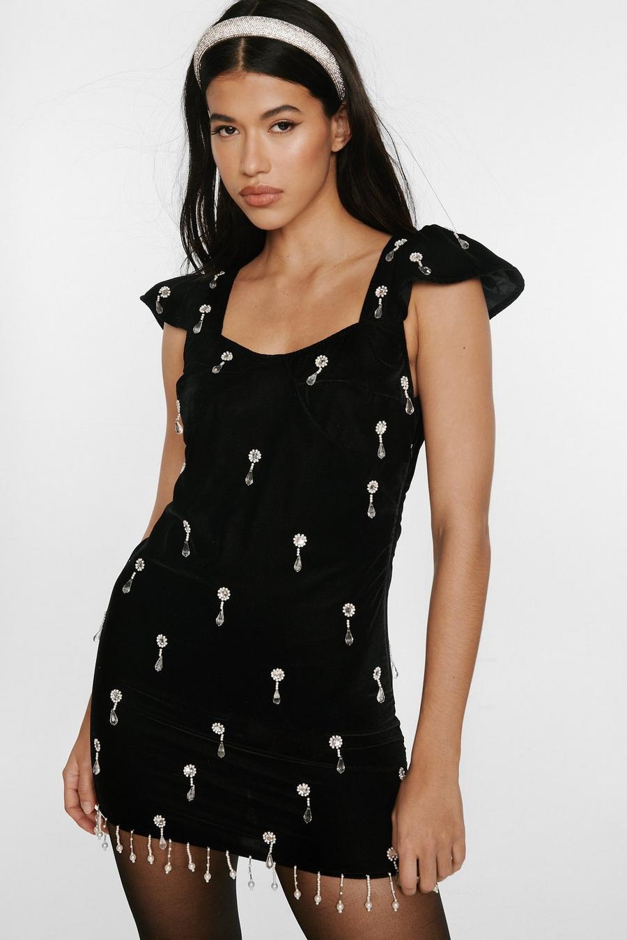 Black Velvet Embellished Mini Dress image number 1
