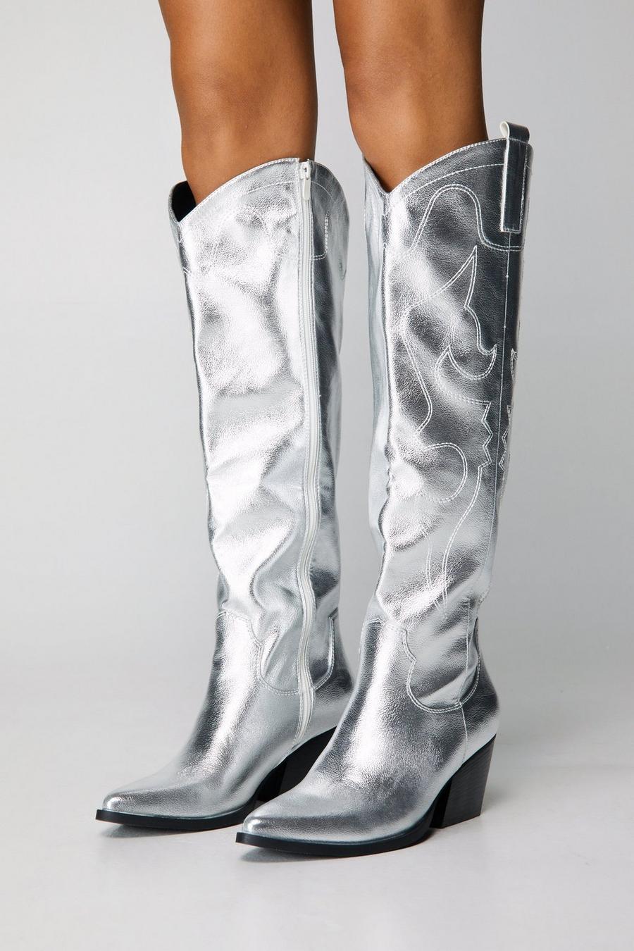 Silver Metallic Knee High Cowboy Boots image number 1