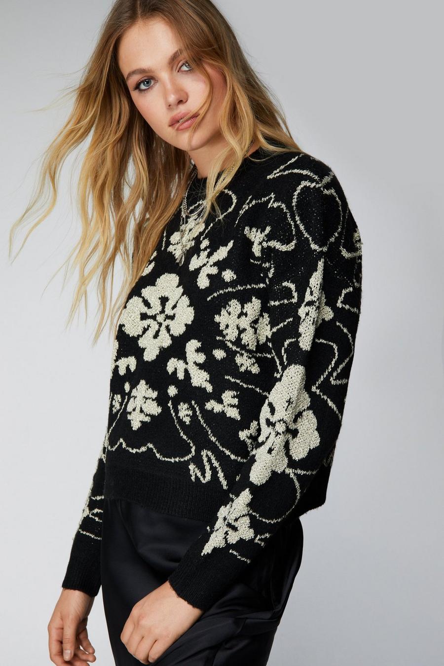 Black Relaxed Floral Metallic Flecked Knit Sweater