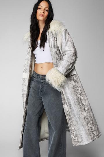 Snake Print Shearling Trim Longline Aviator Coat neutral