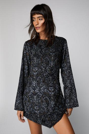 Embellished Flute Sleeve High Neck Mini Dress navy