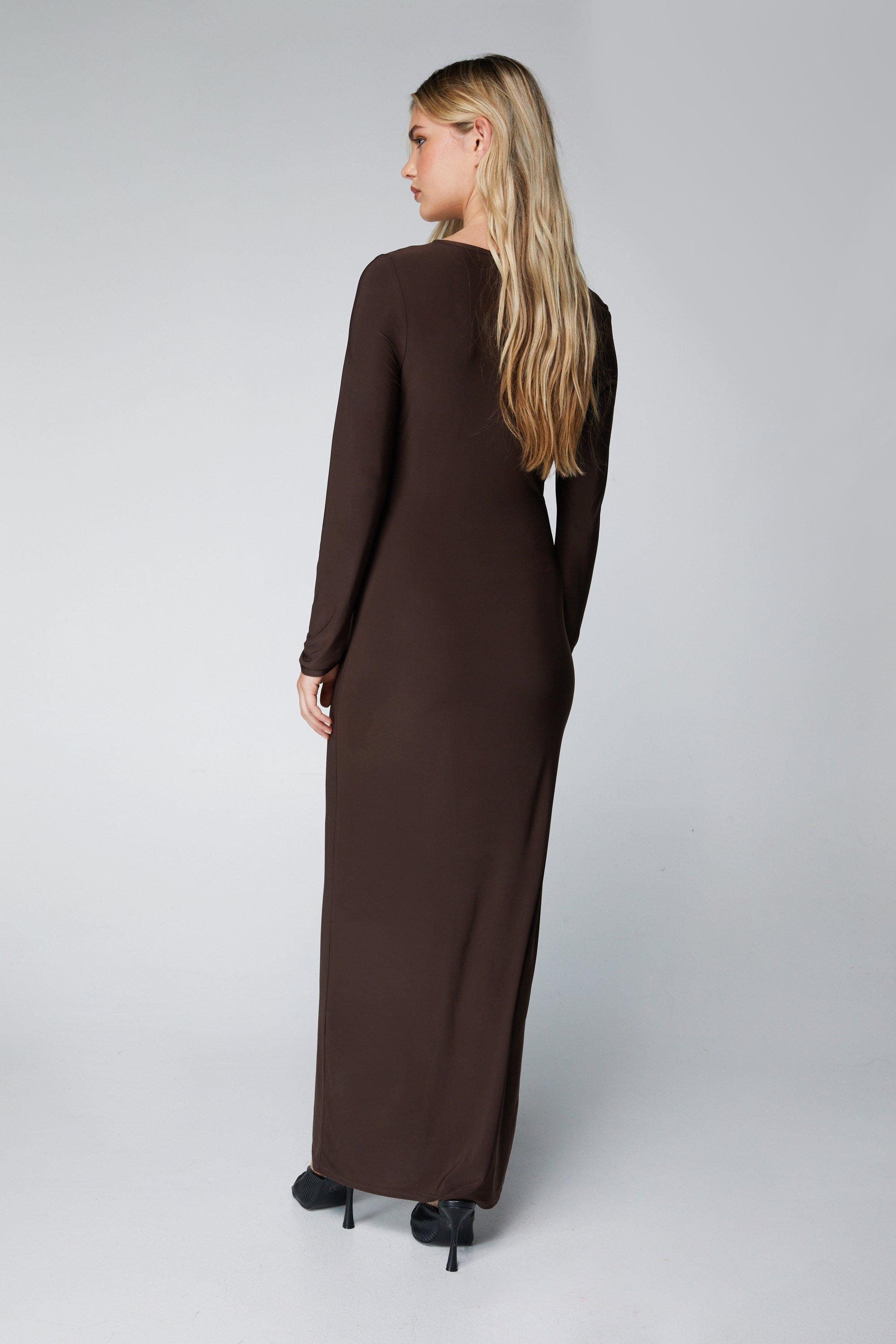 Women s Brown Long Sleeve Slinky Maxi Dress Boohoo UK