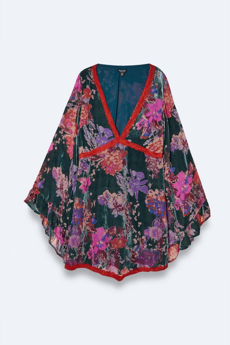 Multi Plus Size Lace Trim Floral Devore Flare Sleeve Mini Dress