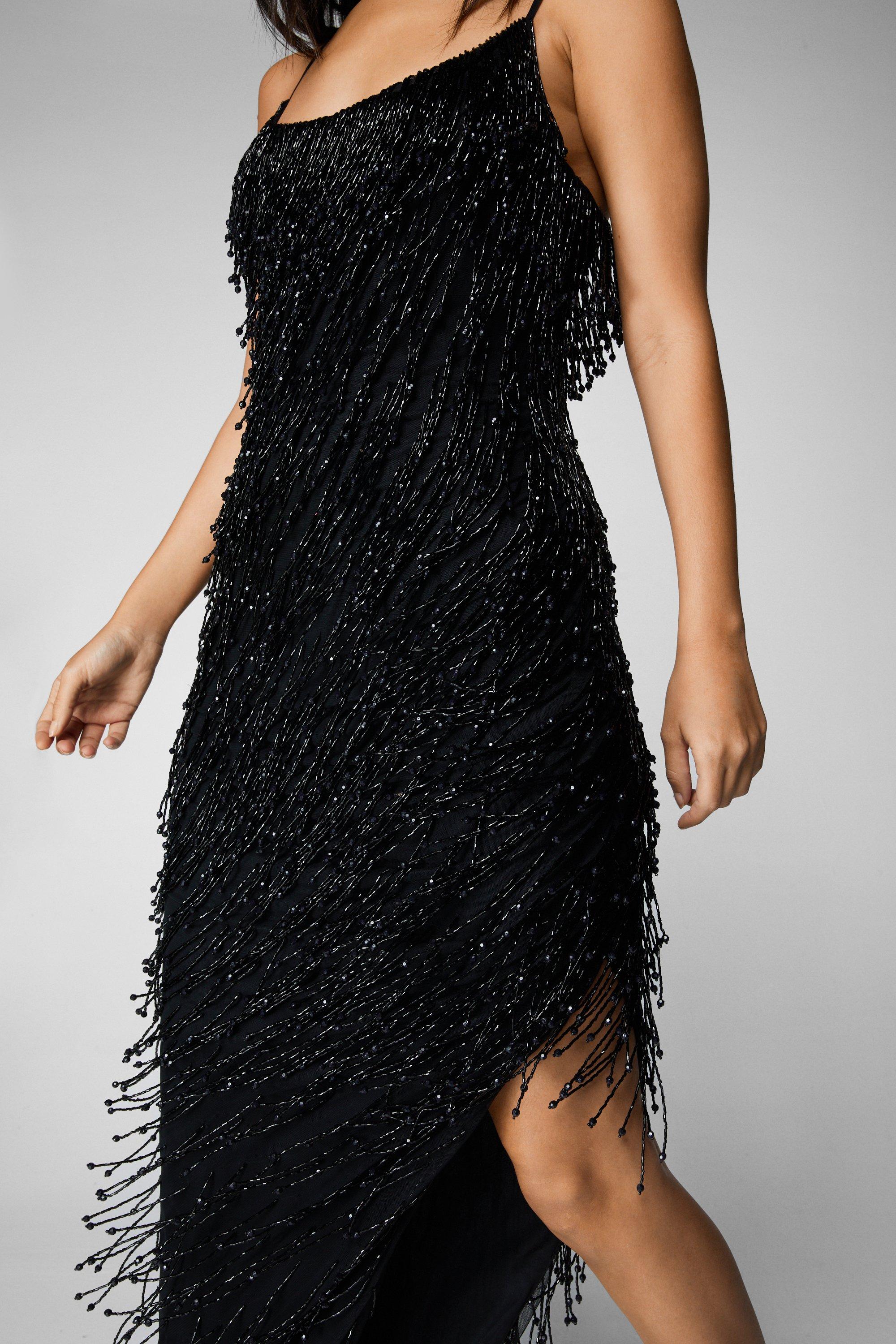 Black strappy tassel hot sale longline midi dress