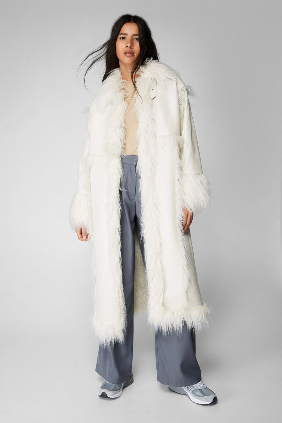 Off white Premium Faux Leather Faux Fur Detail Longline Coat