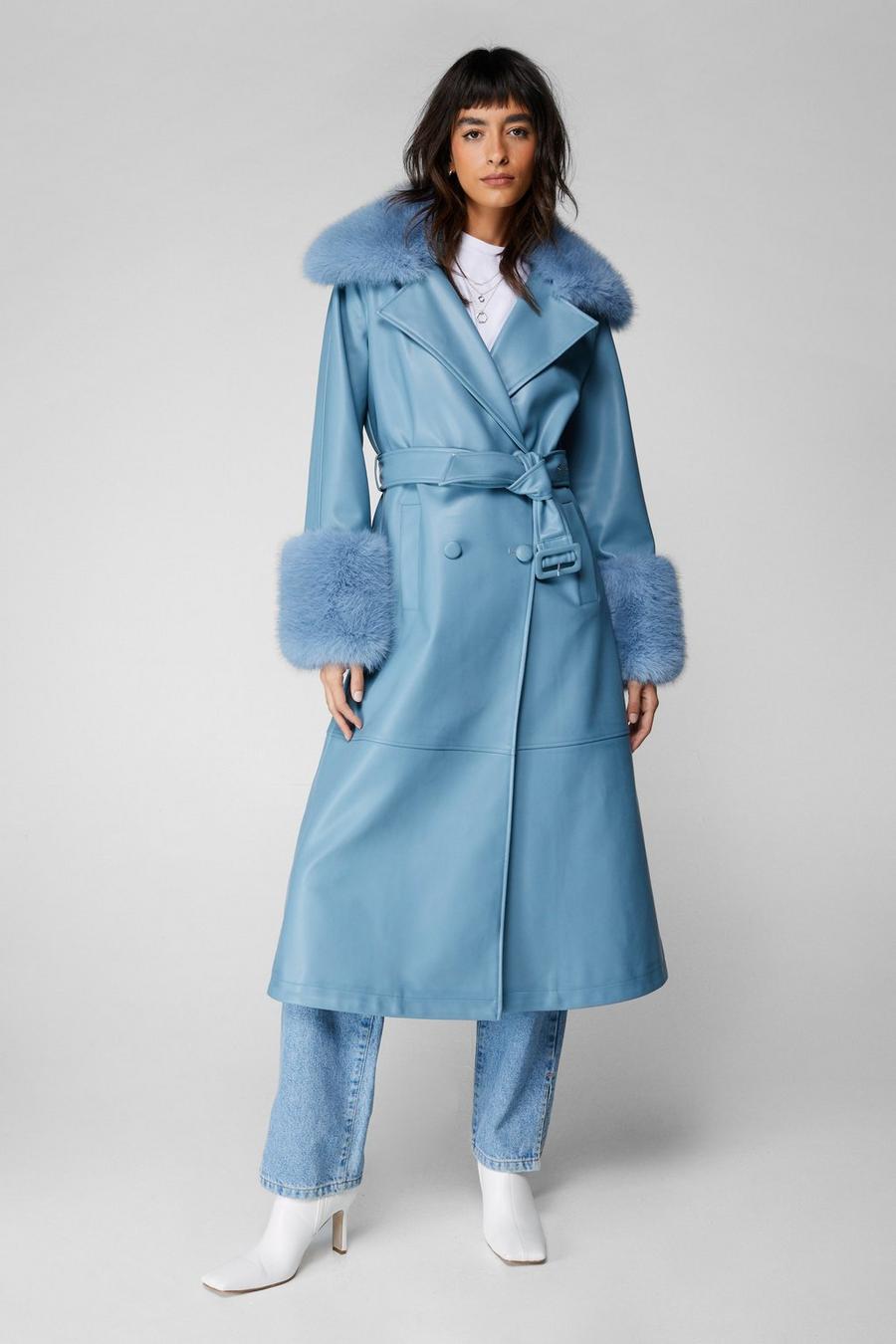 Dusty blue Plush Fur Trim Belted Faux Leather Coat