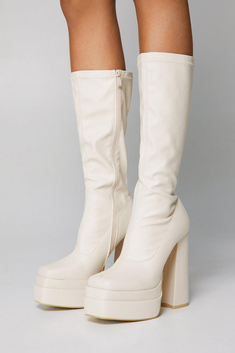 Cream Faux Leather Platform Knee High Sock Boots