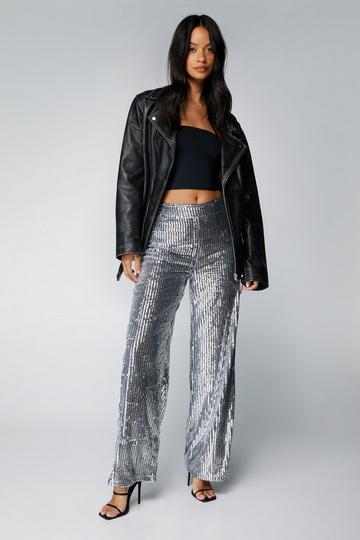 Silver Petite Metallic Sequin Wide Leg Pants