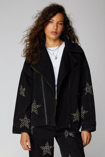 Denim Star Studded Biker Jacket washed black