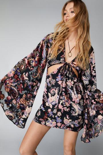 Floral Devore Extreme Flare Sleeve Cut Out Mini Dress black