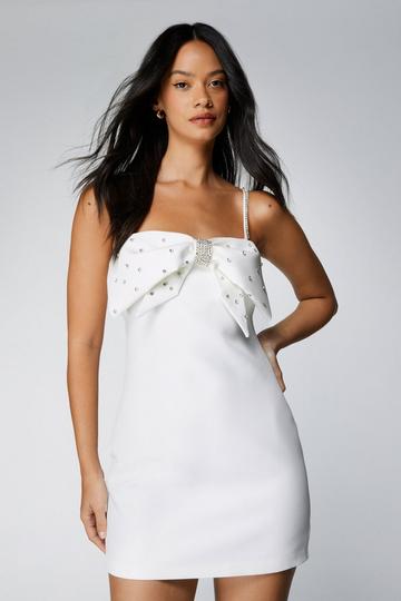 Ivory White Premium Embellished Diamante Bow Mini Dress