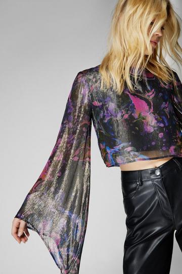 Metallic Marble Flare Sleeve Crop Top multi