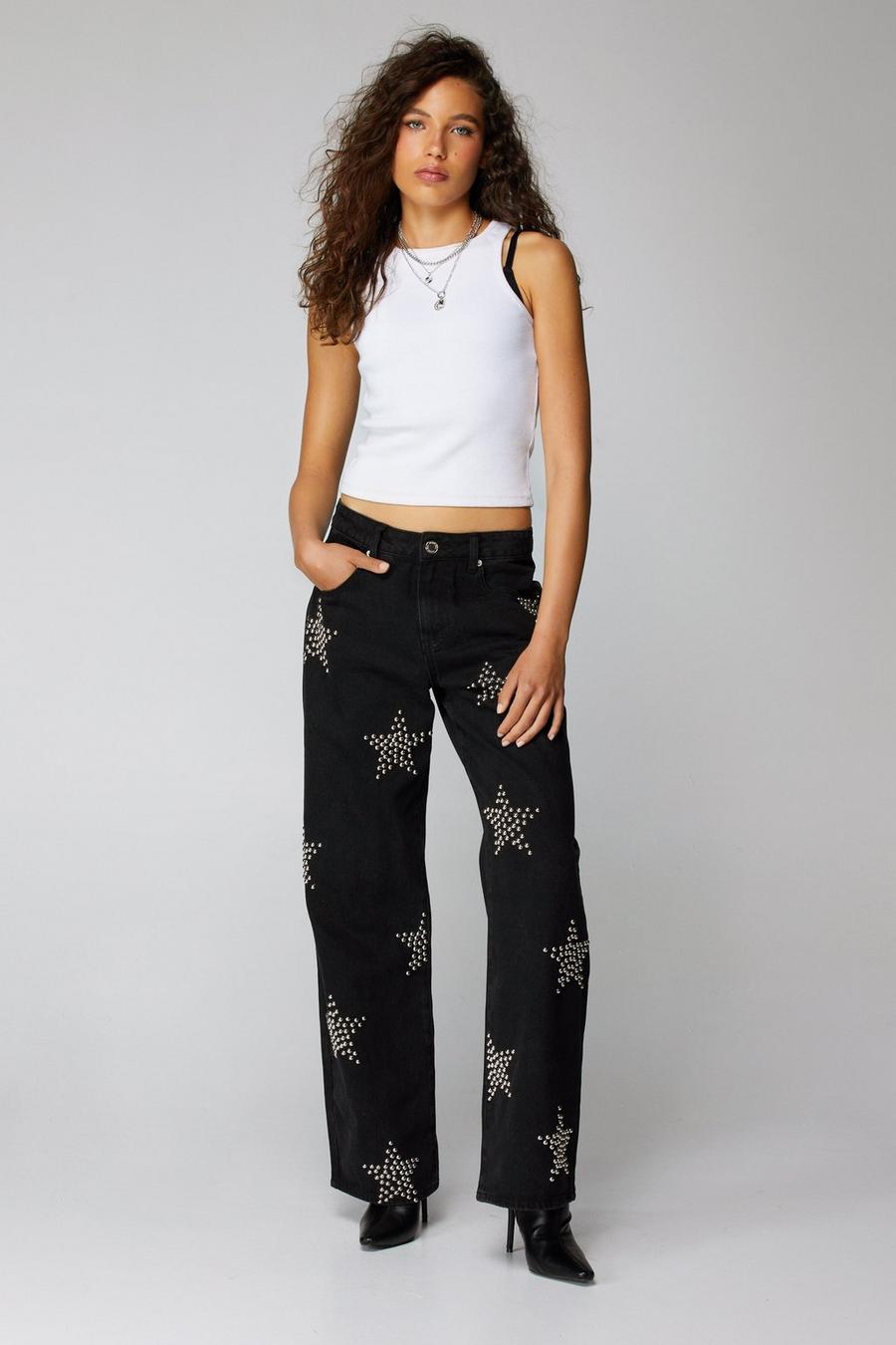 Washed black Star Studded Straight Leg Jeans