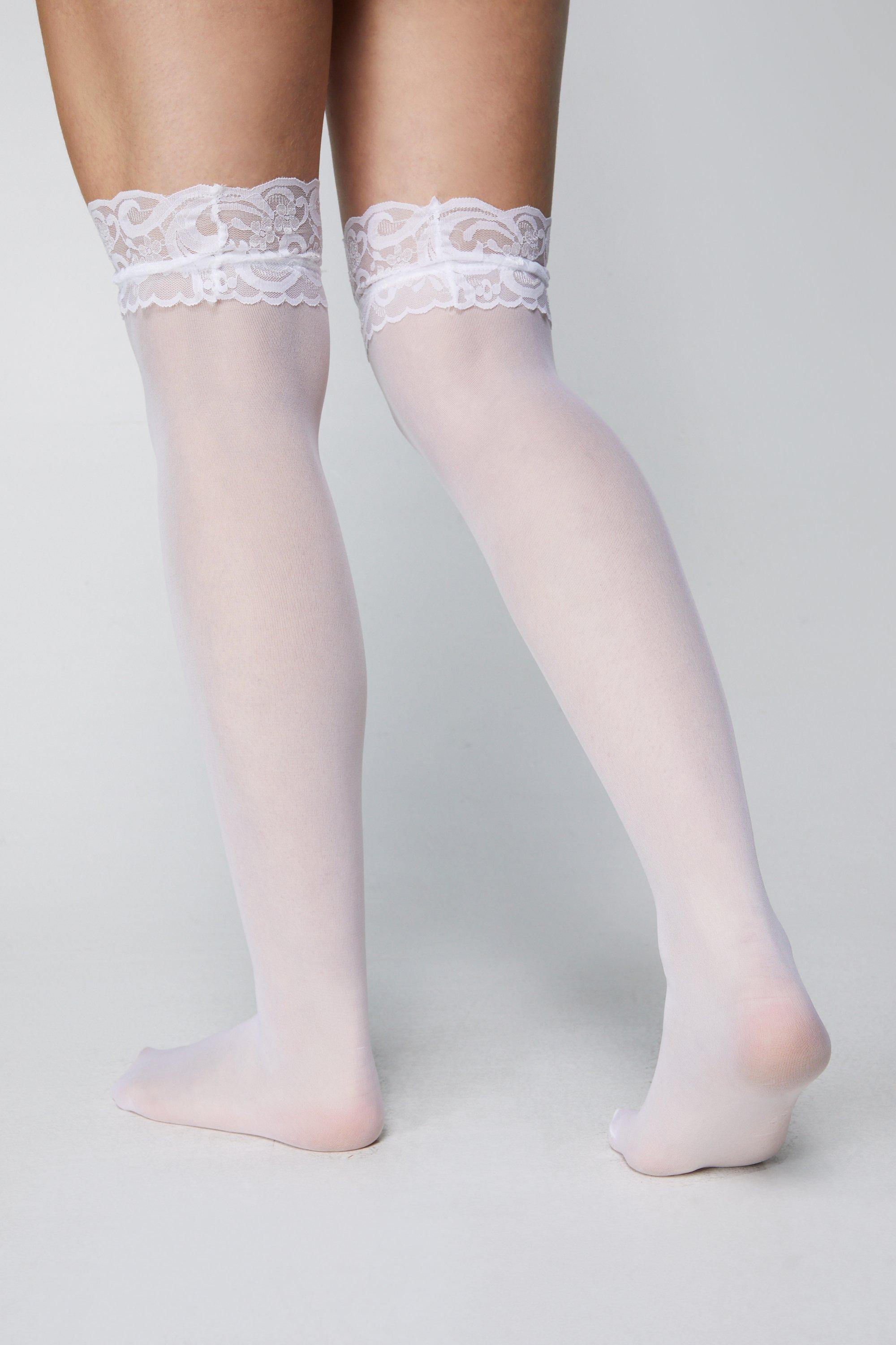 Ardene Over-the-Knee Socks with Lace Trim in White, Nylon/Spandex