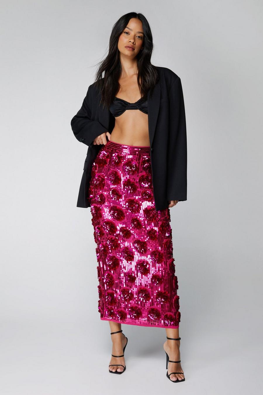 Hot pink 3D Sequin Floral Midi Skirt