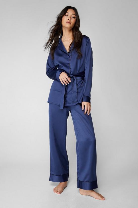 NastyGal Satin Contrast Piping Belted Pyjama Trousers Set 1